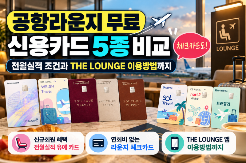 공항라운지 무료 신용카드 5종 비교｜전월실적 조건과 THE LOUNGE 이용방법