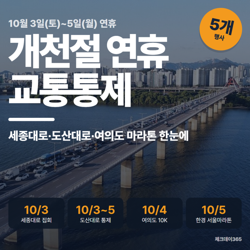 개천절 연휴 교통통제, 한경 서울마라톤·세종대로·도산대로 시간표