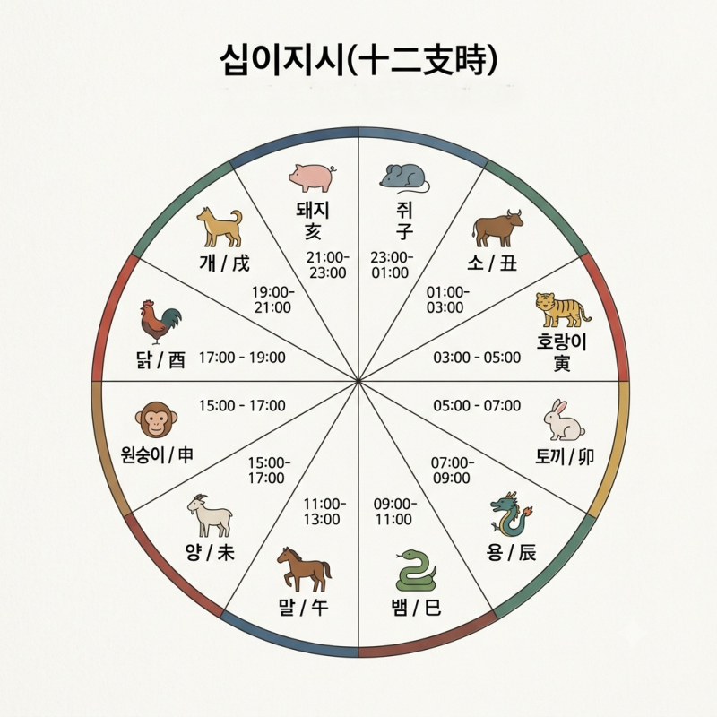 12지지(十理地支) / 띠 별 동물 시간(시각) / 쥐 소 범 토끼 용 뱀 말 양 원숭이 닭 개 돼지