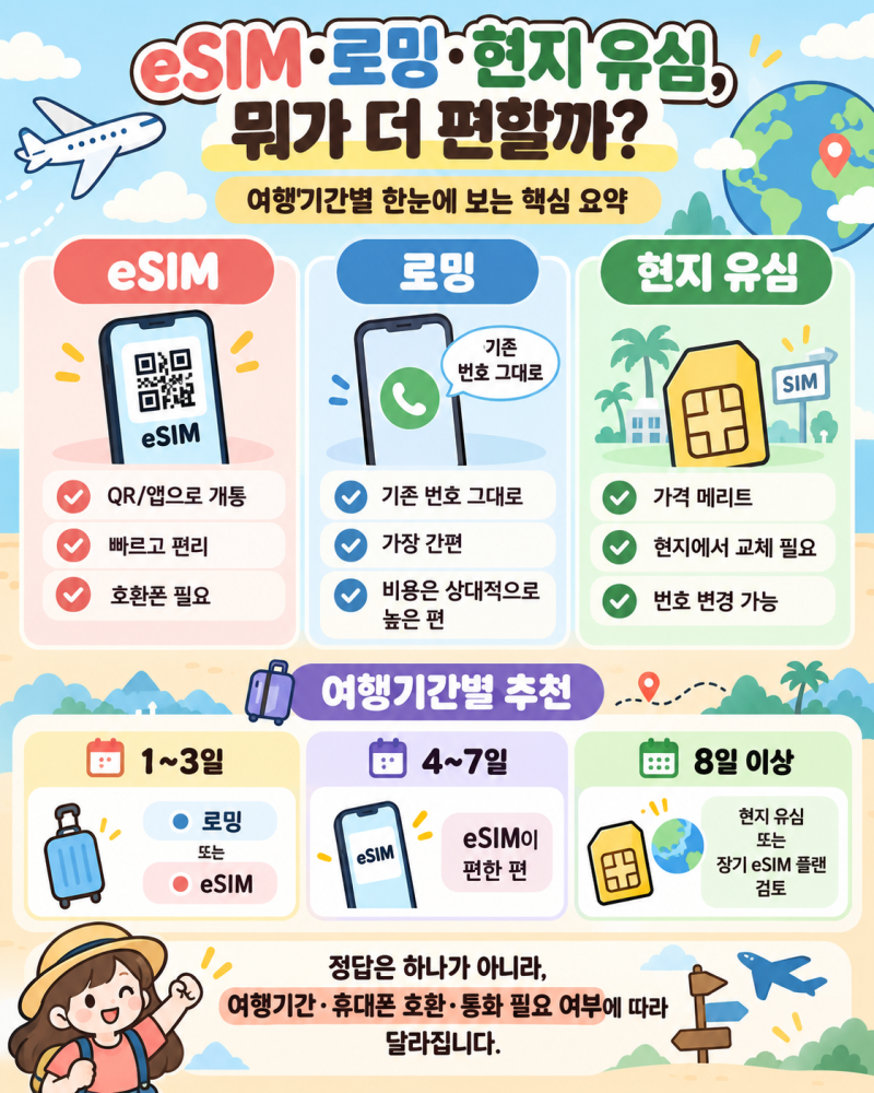 eSIM·로밍·현지 유심 차이, 여행기간별 어떤 게 편할까?