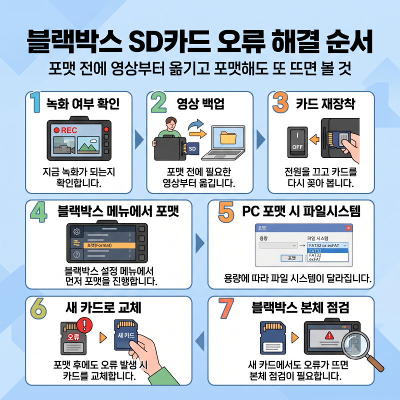 블랙박스 SD카드 오류 해결 순서 | 포맷 전에 영상부터 옮기고 포맷해도 또 뜨면 볼 것 (메모....