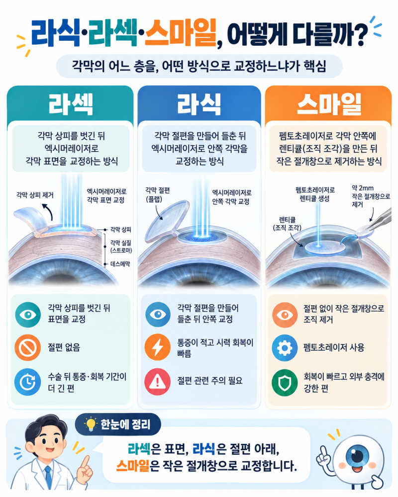 라식 라섹 차이, 스마일라식까지 회복 기간과 부작용 비교