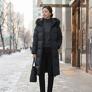K2] 여성 정품 90사이즈 폭스퍼 거위털 롱패딩 블랙 (구스다운 충전재 / 상태 최상)
