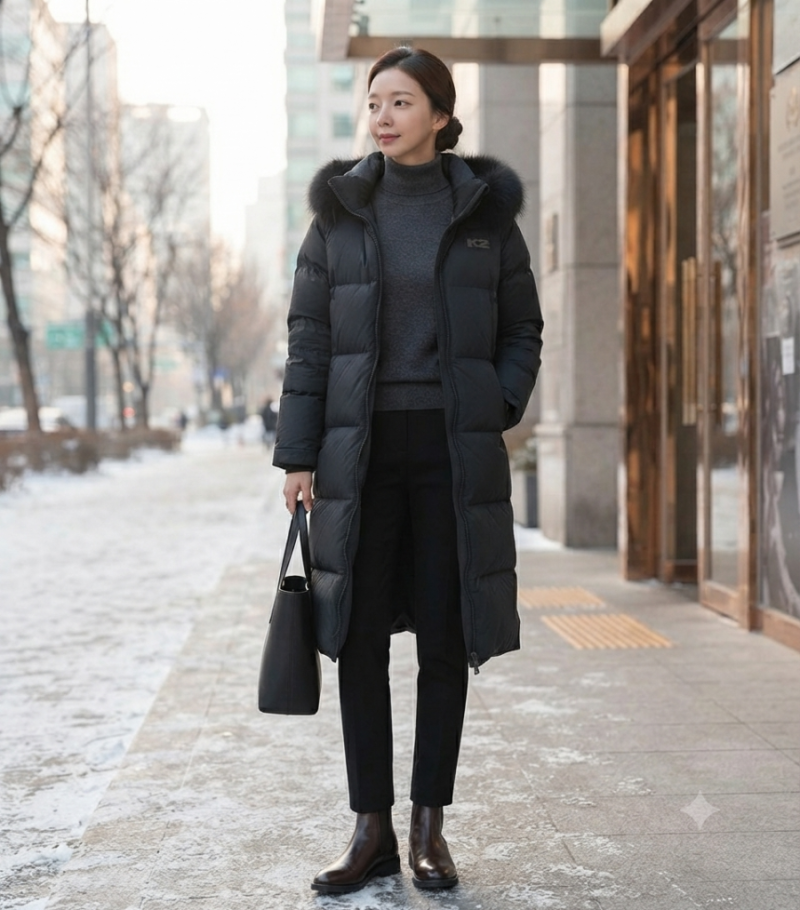 K2] 여성 정품 90사이즈 폭스퍼 거위털 롱패딩 블랙 (구스다운 충전재 / 상태 최상)