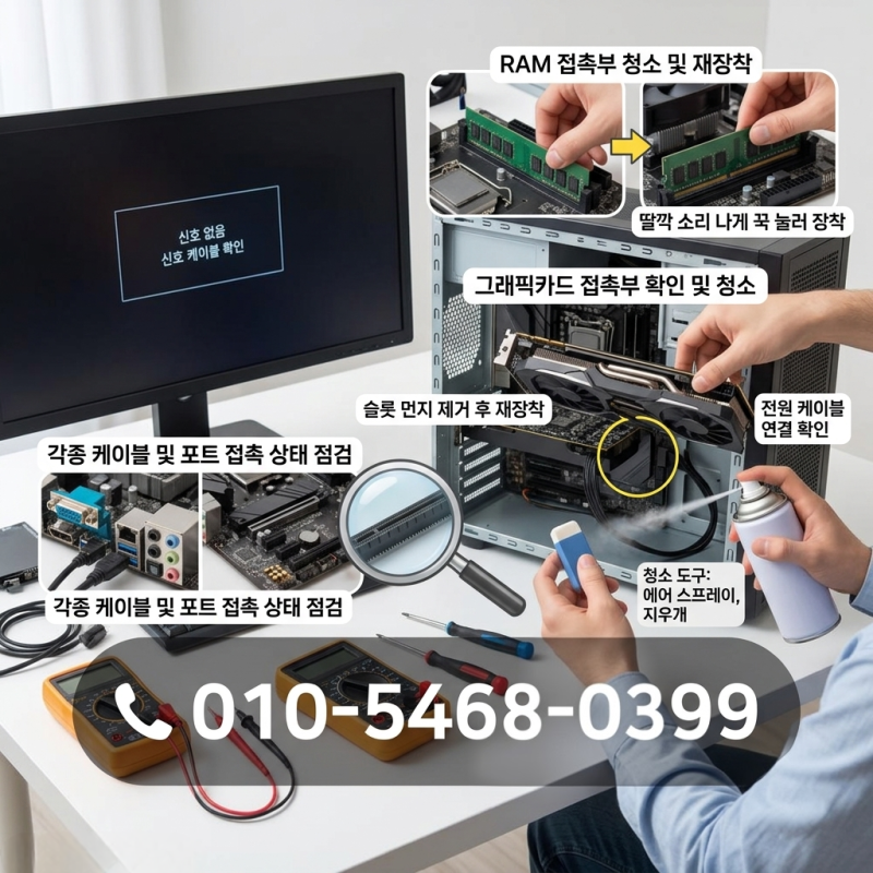 모니터 화면이 안나올때 접촉불량인지 확인하고 해결하는 방법