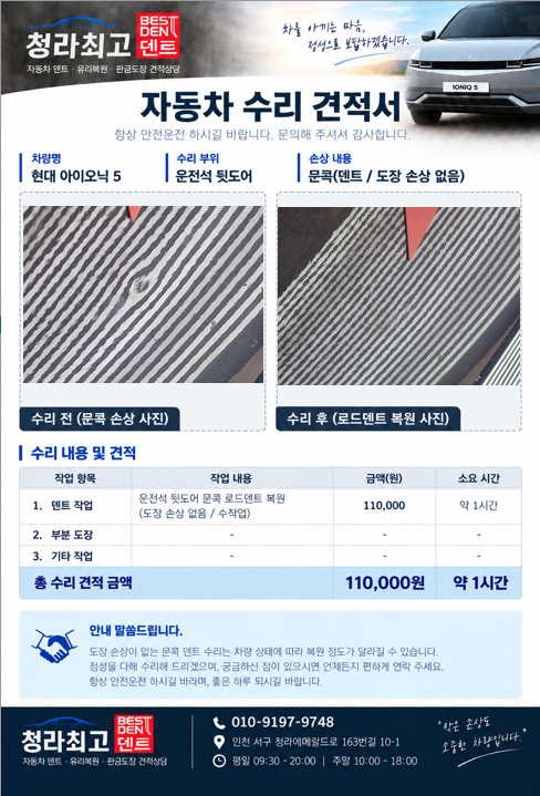 아이오닉5 문콕, 판금도장 없이 로드덴트로 복원했습니다.