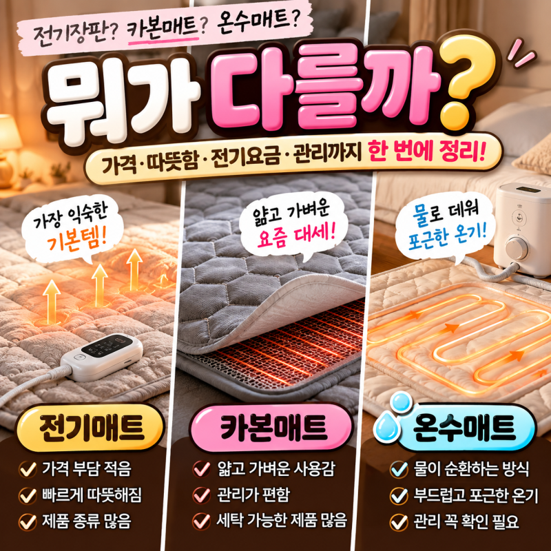 갑자기 추워진 날씨 카본매트 vs 온수매트 차이 + 전기장판까지 뭐가 다른데? 용도별추천템!