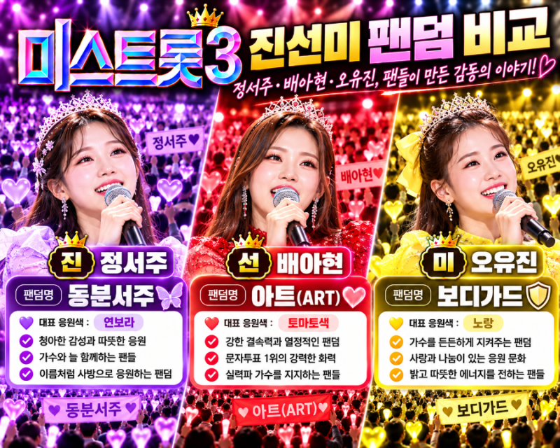 미스트롯3 진선미 팬덤 비교, 정서주 ‘동분서주’ vs 배아현 ‘아트’ vs 오유진 ‘보디가드....