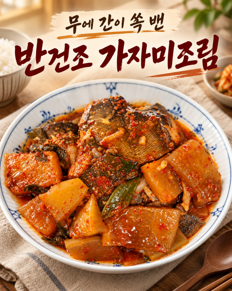 무에 간이 쏙 밴 반건조 가자미조림