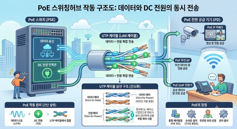PoE 스위칭허브 원리: 랜선 하나로 CCTV 무선AP 전원 공급하는 방법과 고르는 법