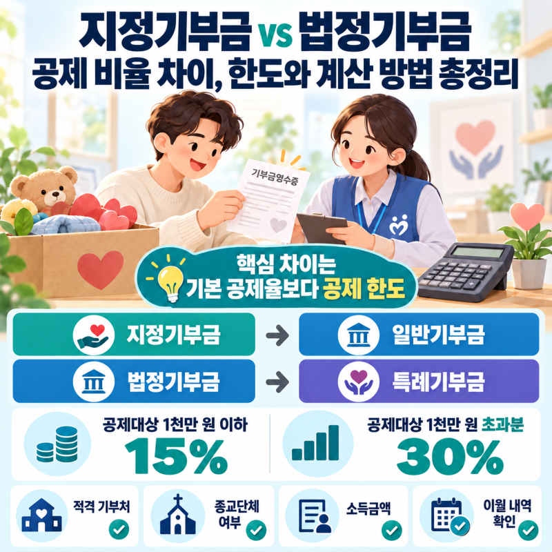 지정기부금 vs 법정기부금 공제 비율 차이, 한도와 계산 방법 총정리