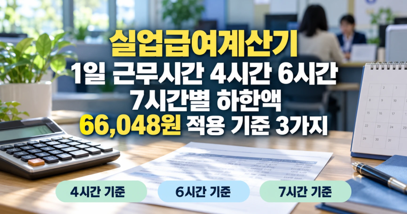 실업급여계산기 1일 근무시간 4시간 6시간 7시간별 하한액 66,048원 적용 기준 3가지