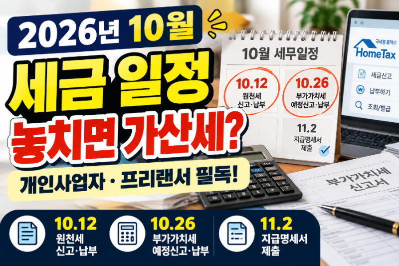 2026년 10월 개인사업자 세금 일정 총정리｜이 날짜 놓치면 가산세? 프리랜서·사업자 필독!