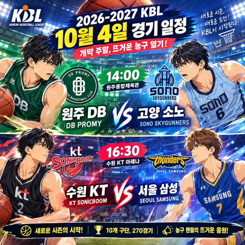 2026-2027 KBL 10월 4일 경기 일정｜원주 DB vs 고양 소노·수원 KT vs 서울 삼성 개막 주말 격돌