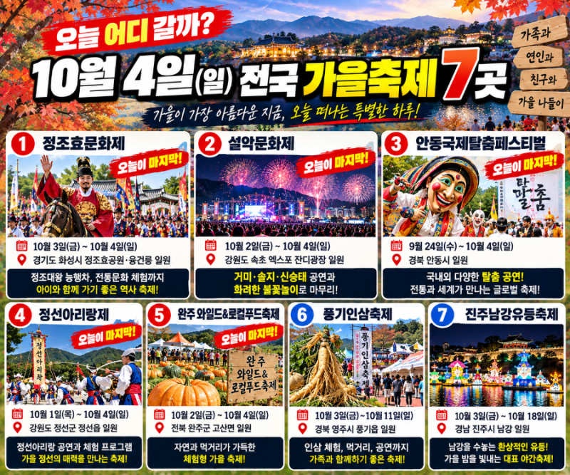 오늘 어디 갈까? 10월 4일 전국 가을축제 7곳, 당일치기 나들이 추천