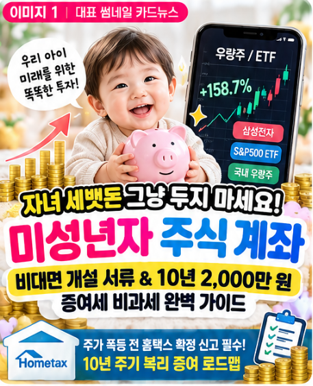 미성년자 자녀 주식 계좌 개설 증여세 면제 한도 10년 2천만 원 홈택스 신고법