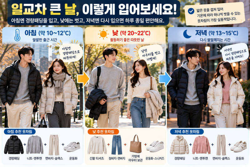 경량패딩 몇 도부터 입을까?｜아침·낮·저녁 기온별 옷차림과 신발 추천