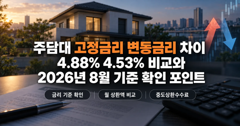 주담대 고정금리 변동금리 차이 4.88% 4.53% 비교와 2026년 8월 기준 확인 포인트