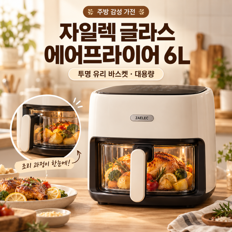 자일렉 글라스 에프 유리 에어프라이어 6L 대용량 투명 바스켓