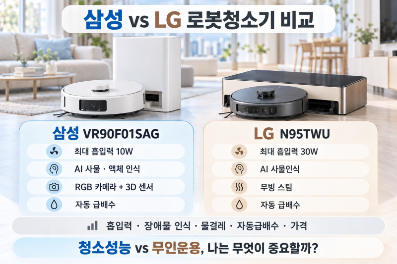 삼성 vs LG 로봇청소기 비교｜VR90F01SAG·N95TWU 어떤 차이가 있을까?