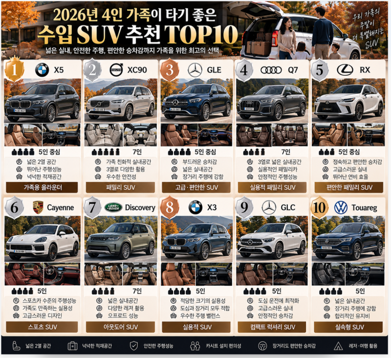 2026년 4인 가족 수입 SUV 추천 TOP10, BMW X5부터 볼보 XC90·벤츠 GLE까지 4인가족 SUV 추천, 수입 SUV ....