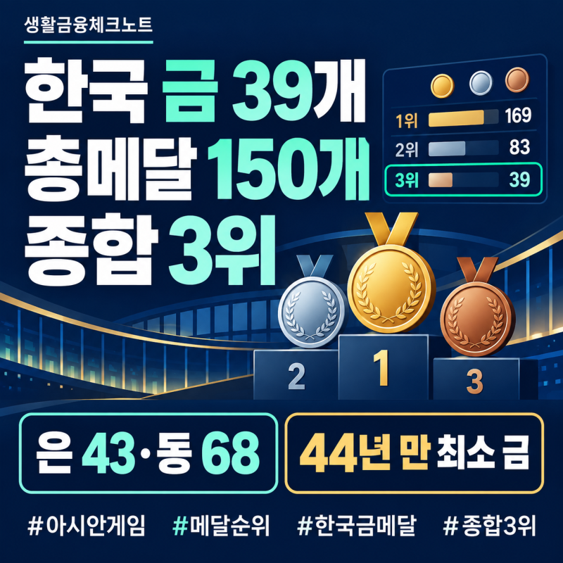 2026 아시안게임 한국 금메달 몇 개? 최종 메달순위와 종합 3위 성적 총정리