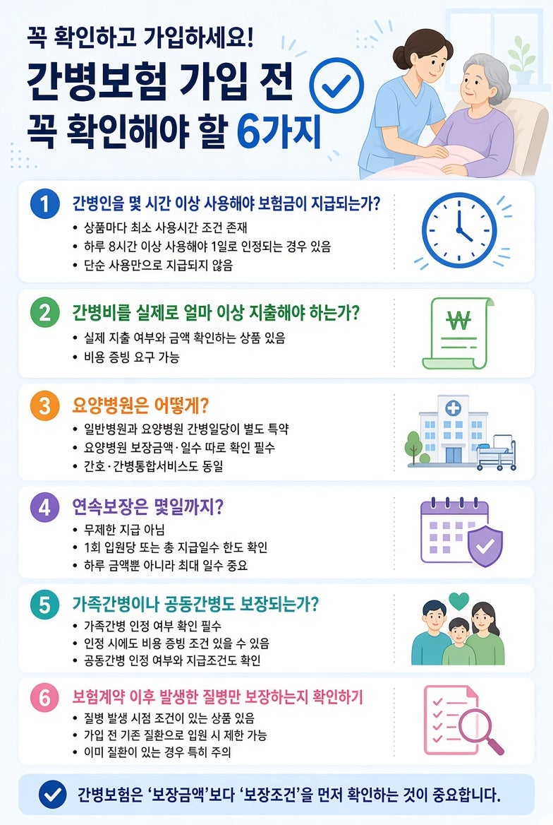 간병보험 드실 때 체크할 것들 (금액, 시간, 요양병원, 간호/간병통합서비스, 가족간병, 공동....