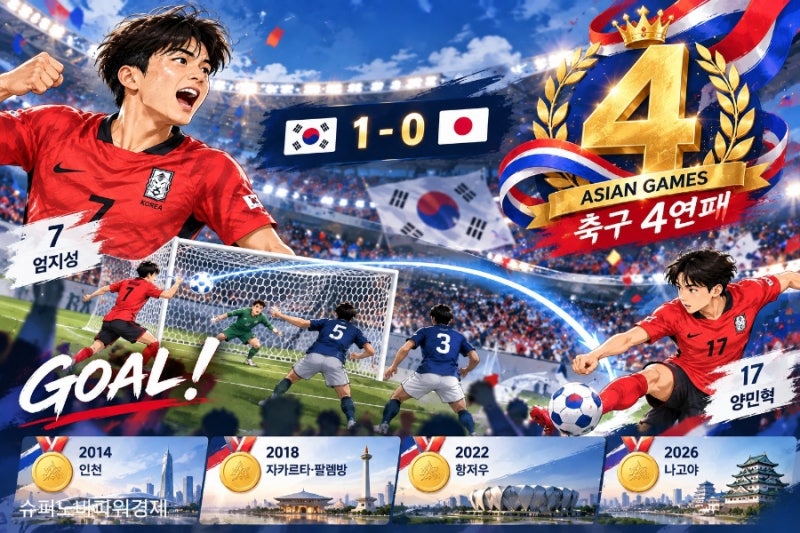 "1대0 한일전 승리!" 엄지성 결승골·양민혁 명품 패스, 미필 20명 병역 혜택까지! 2026 아시안게....