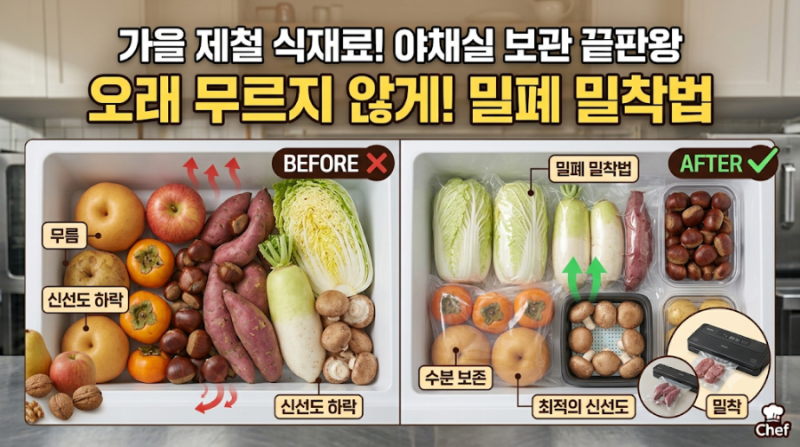 가을 제철 식재료 야채실에서 오래 무르지 않게 보관하는 밀폐 밀착법