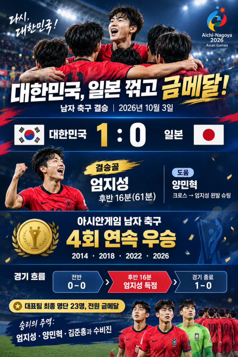 축구 한국 1 vs 0 일본 한일전 승리 금메달 4회 연속 우승 국가대표 23인 프로필 아이치 나고야 ....