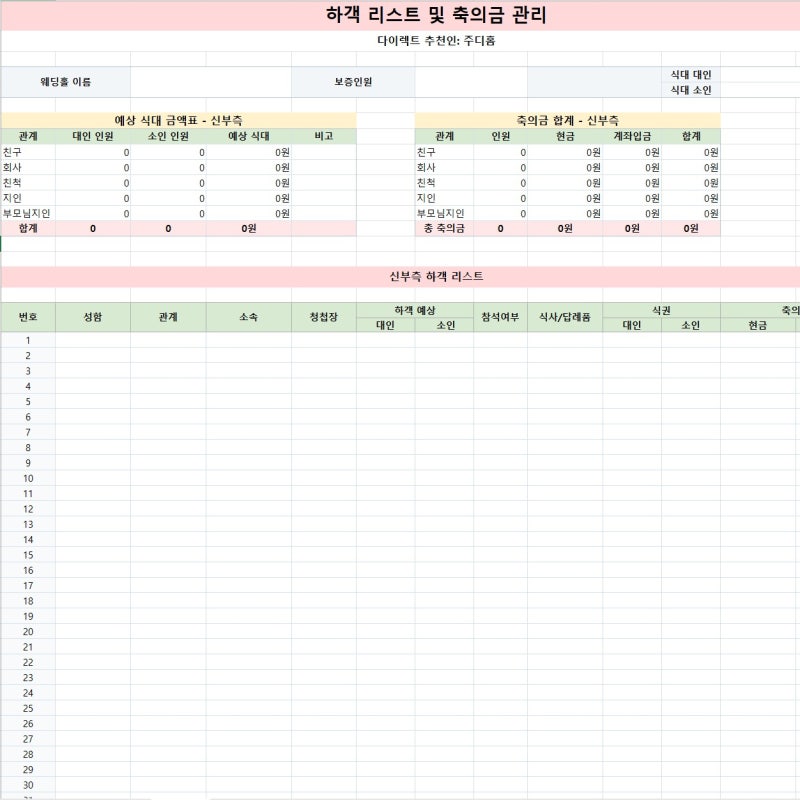 결혼식 예상 하객수 식대 계산, 축의금 엑셀 파일 무료 공유