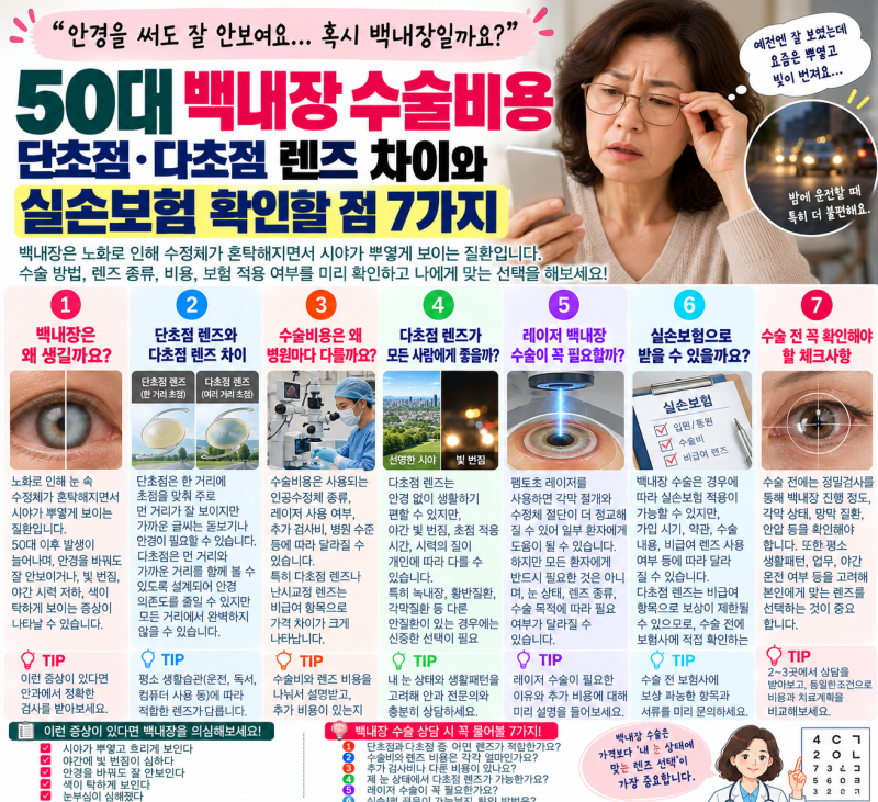50대 백내장 수술비용, 단초점·다초점 렌즈 차이와 실손보험 확인할 점