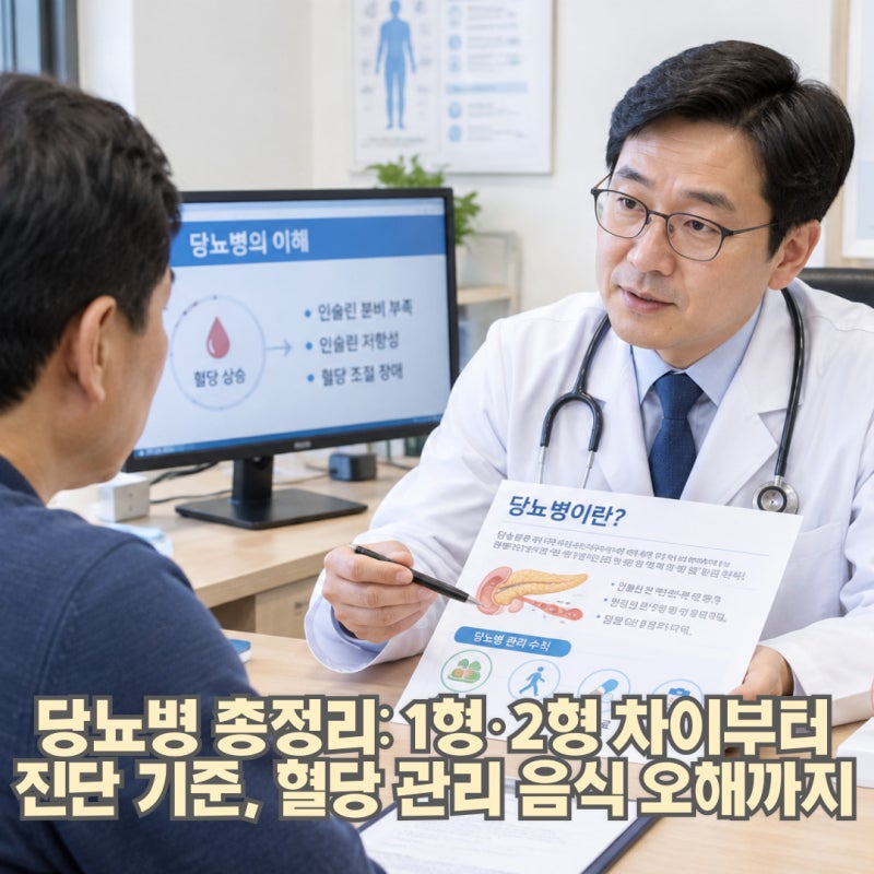 당뇨병 총정리: 1형·2형 차이부터 진단 기준, 혈당 관리 음식 오해까지