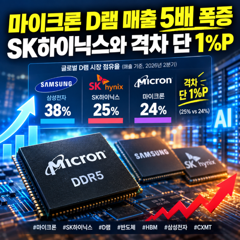 마이크론 D램 매출 5배 폭증 | SK하이닉스와 점유율 격차 1%P 총정리