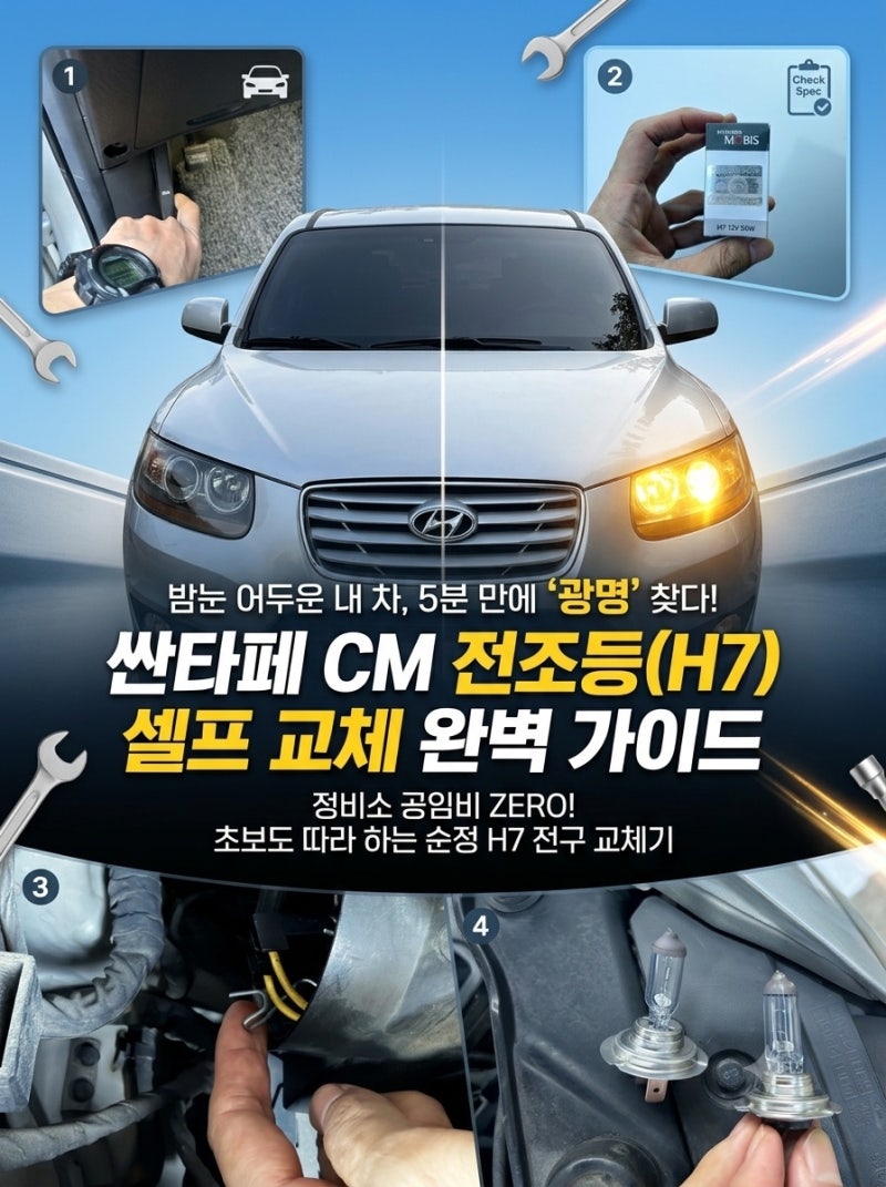 밤눈 어두운 내 차, '심폐소생술' 완료! 싼타페 할로겐 전조등(H7) 셀프 교체 완벽 가이드