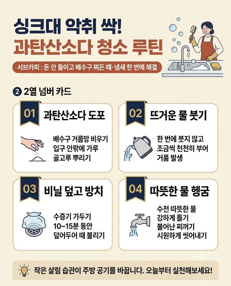 주방 싱크대 악취 잡는 과탄산소다 활용 청소 루틴