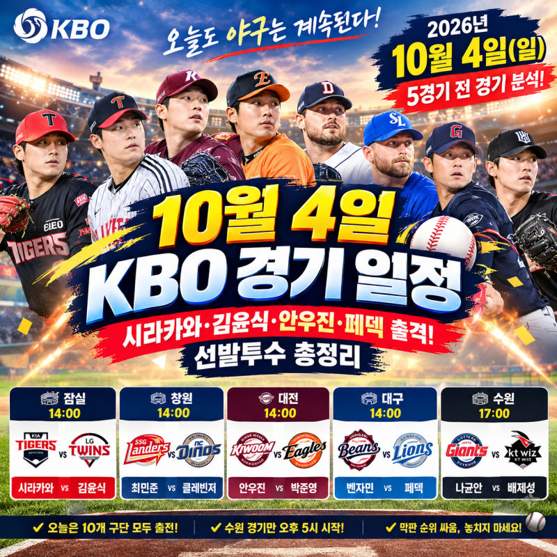 10월 4일 KBO 경기 일정｜시라카와·김윤식·안우진·페덱 출격, 선발투수 총정리