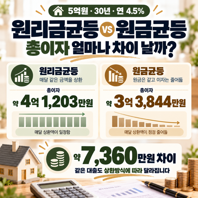 5억 대출 원리금균등 vs 원금균등, 30년 총이자 얼마나 차이 날까?