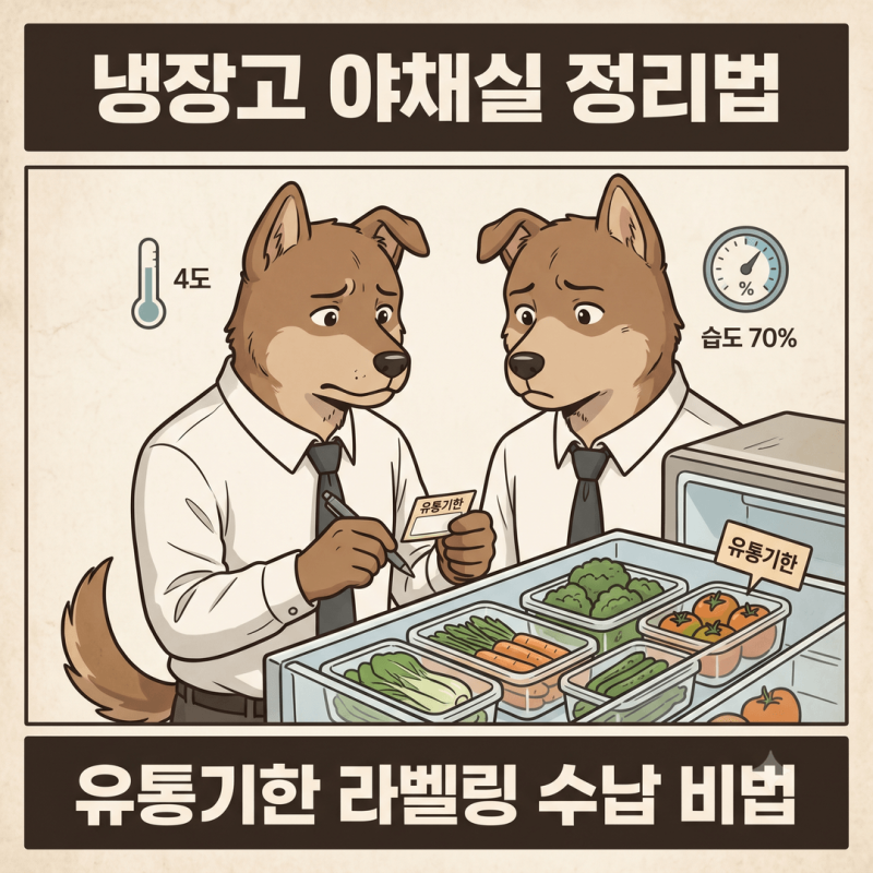 냉장고 야채실 유통기한 라벨링 수납 정리법, 크리스퍼 서랍 습도 70% 보관온도 4도 신선도 비....
