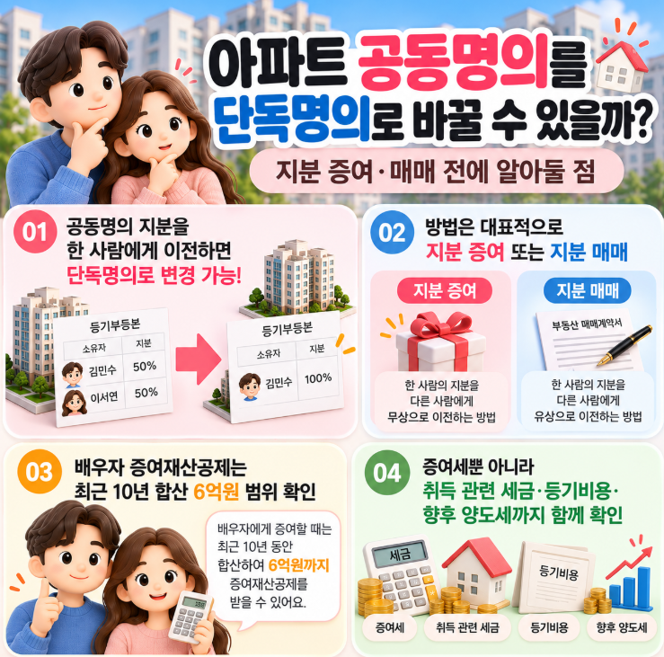 아파트 공동명의를 단독명의로 바꿀 수 있을까? | 지분 증여·매매 전에 알아둘 점
