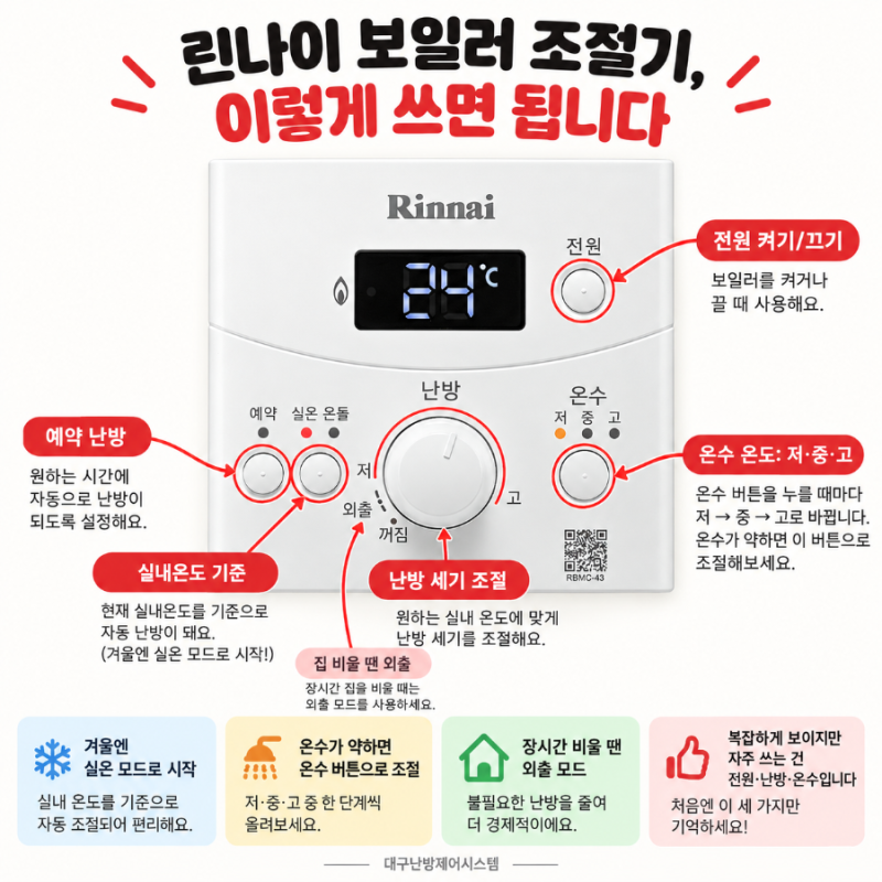 린나이 RBMC-43 조절기 사용법 총정리 【대구 보일러 외출·예약·온수 설정】