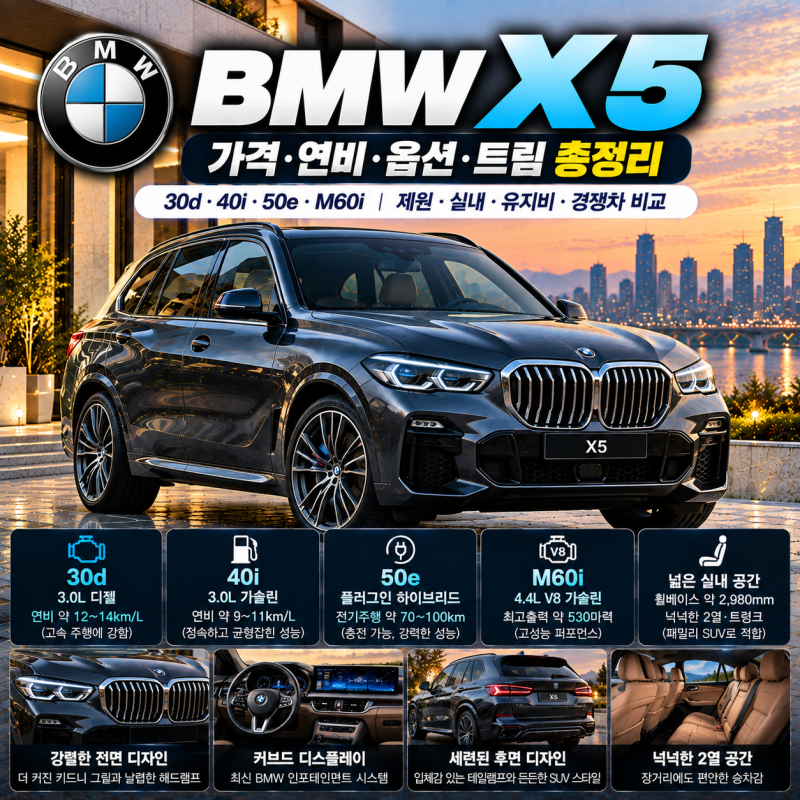 BMW X5 가격 총정리｜30d·40i·50e·M60i 가격·연비·옵션 차이