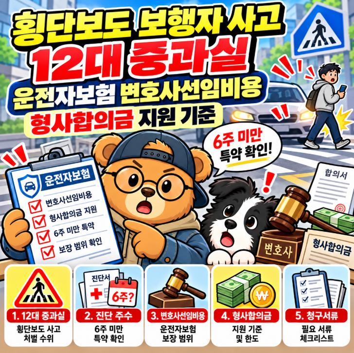 횡단보도 보행자 사고 12대 중과실: 운전자보험 변호사선임비용과 형사합의금 지원 기준