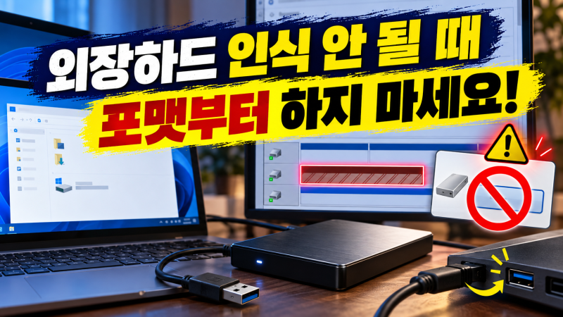 USB 외장하드가 갑자기 인식 안 될 때 포맷하기 전 확인 순서