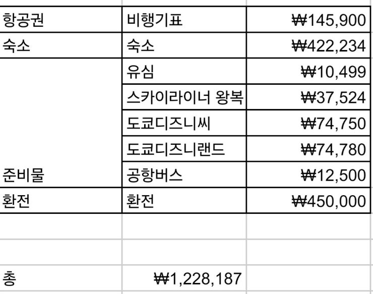 도쿄 여행 경비 4박 5일 총정리 여자 혼자 도쿄 여행 실제 사용금액