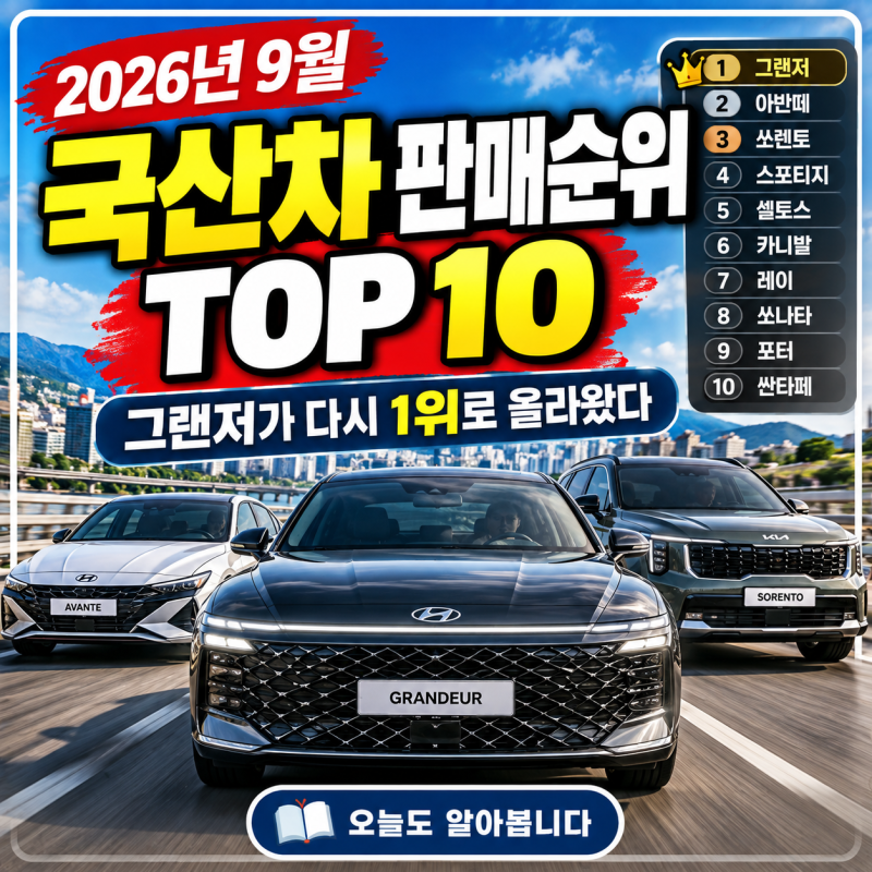 2026년 9월 국산차 판매순위 TOP10｜그랜저가 다시 1위로 올라왔다