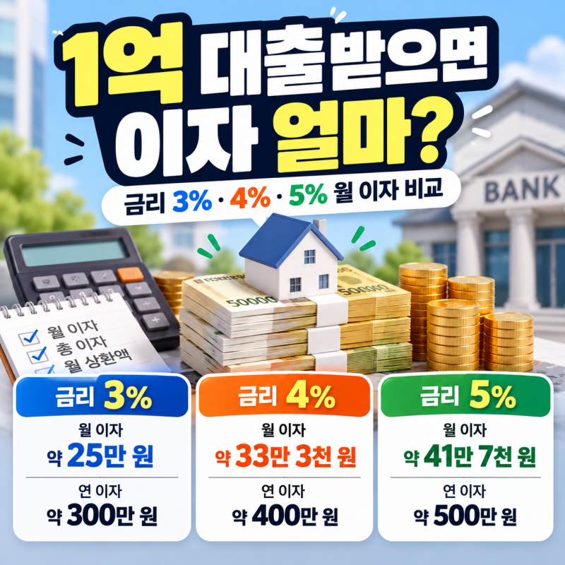 1억 대출받으면 이자 얼마? 금리 3%·4%·5% 월 이자 비교