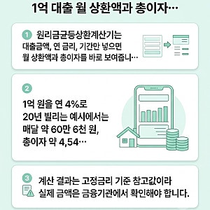 원리금균등상환계산기 사용법, 1억 대출 월 상환액과 총이자 예시