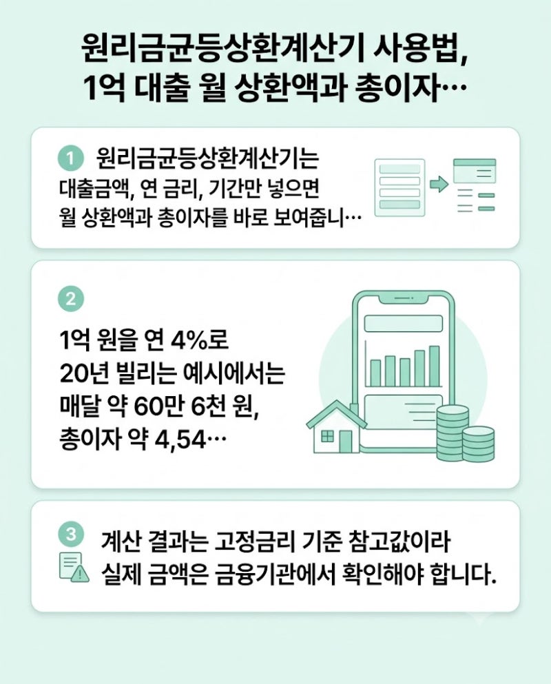 원리금균등상환계산기 사용법, 1억 대출 월 상환액과 총이자 예시