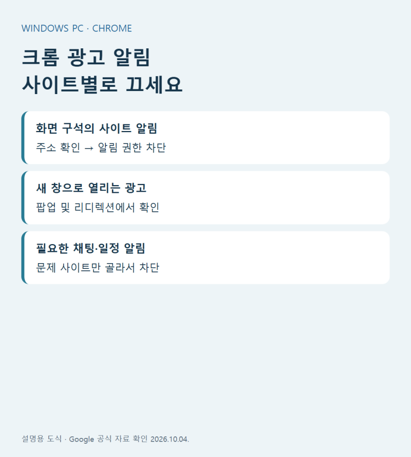 크롬 알림 광고 차단｜Windows PC에서 사이트별로 끄는 확인 순서